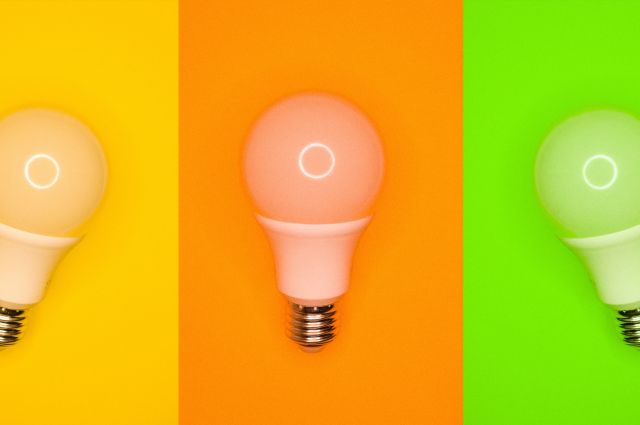 three colorful light bulbs