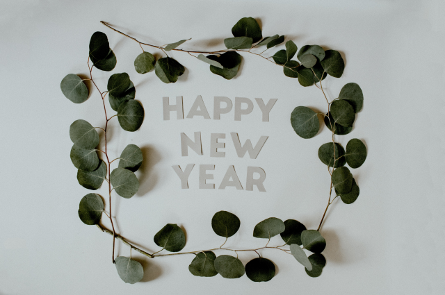 happy new year sign with plant