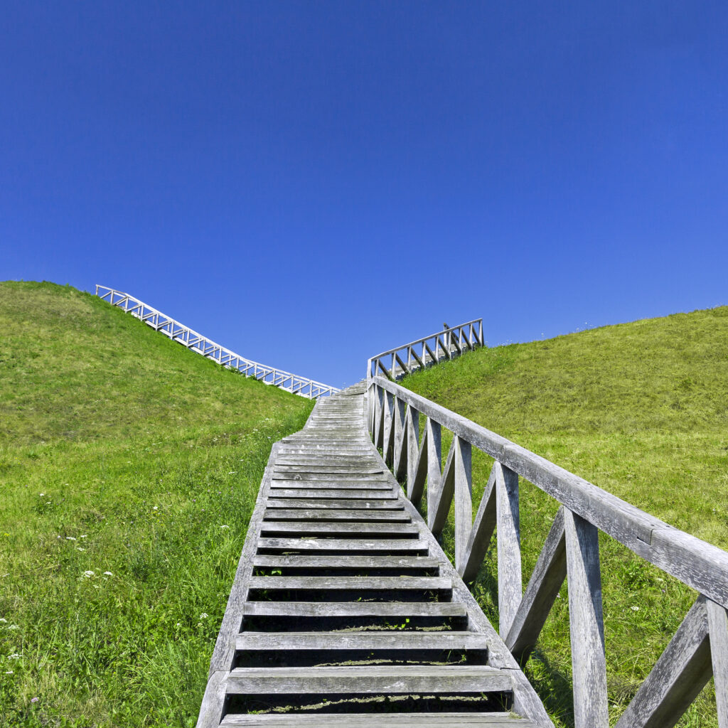 Wooden steps leading up a grassy hill 