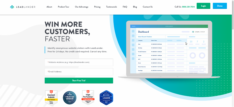 Screenshot of LeadLander website homepage
