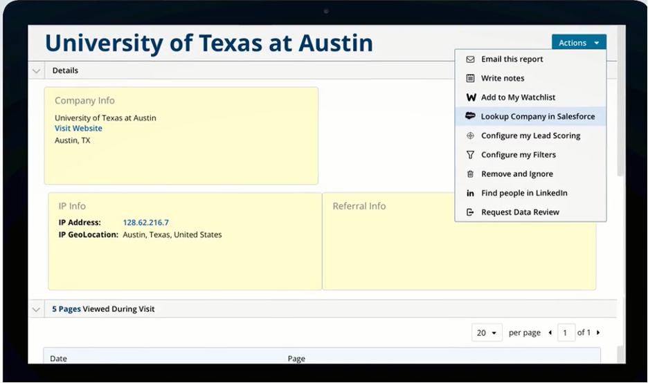 screenshot of the LeadLander data results for a lead