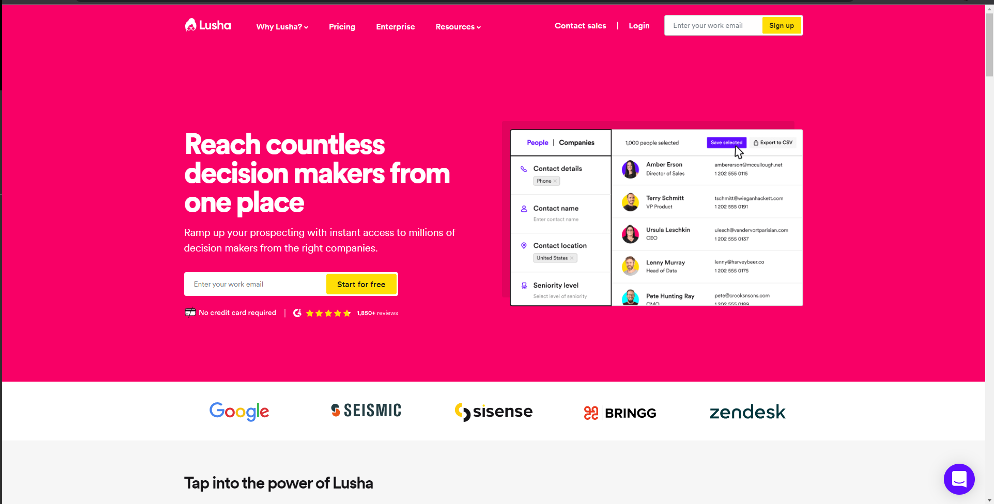 Screenshot of Lusha home page