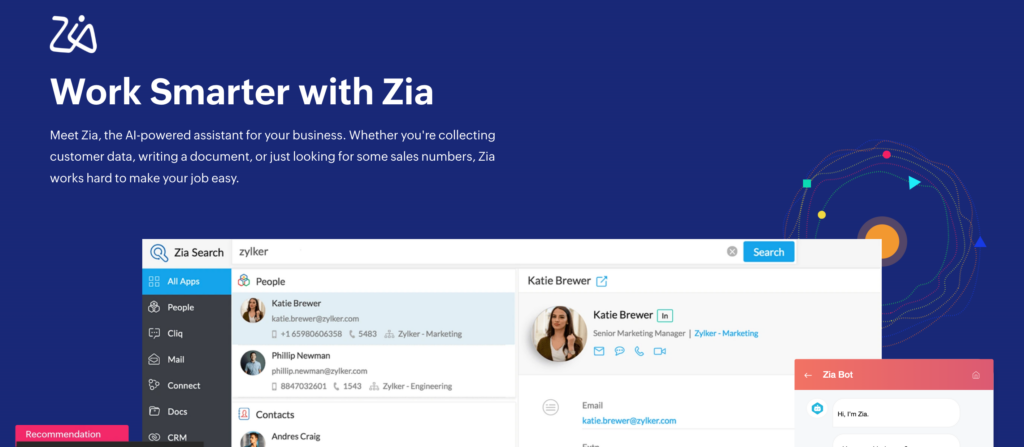 screenshot of Zoho Zia AI