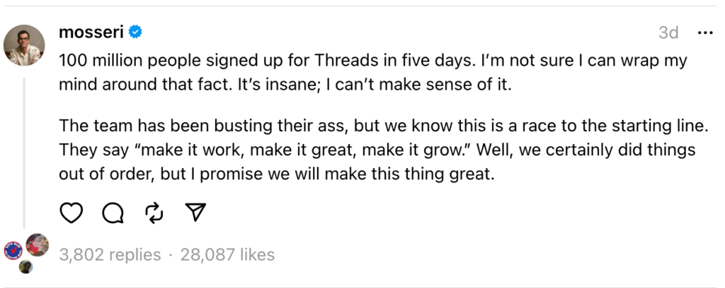 screenshot of Adam Mosseri's Threads post