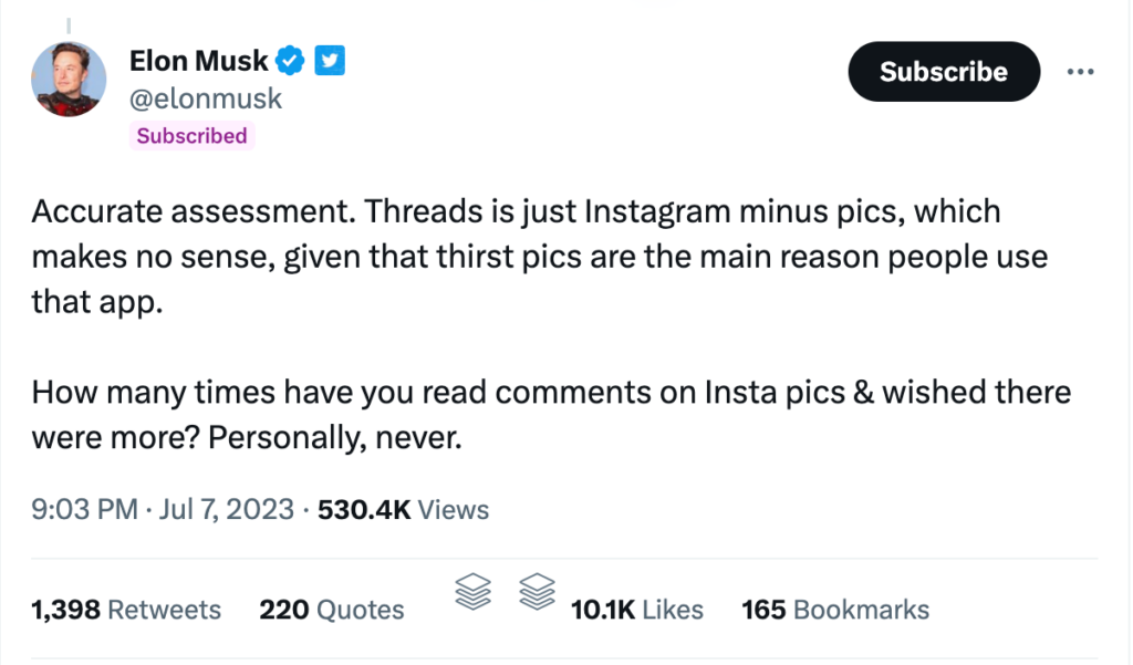 Screenshot of Elon Musk's tweet about the Threads app