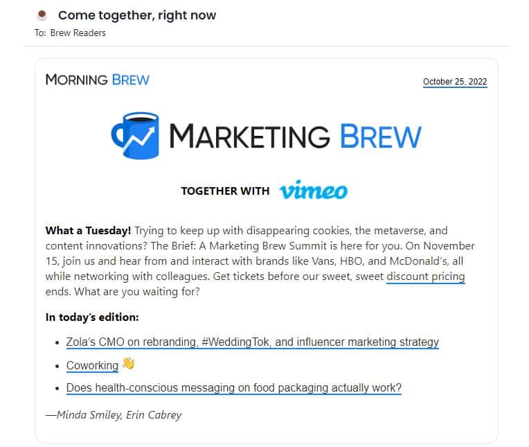 screenshot of Marketing Brew newsletter as an example of content curation for social selling