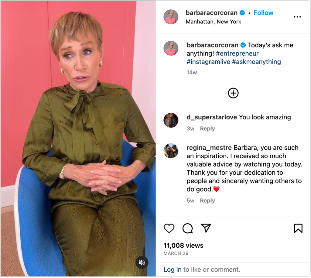 screenshot of Barbara Corcoran's Instagram AMA as example of social selling engagement