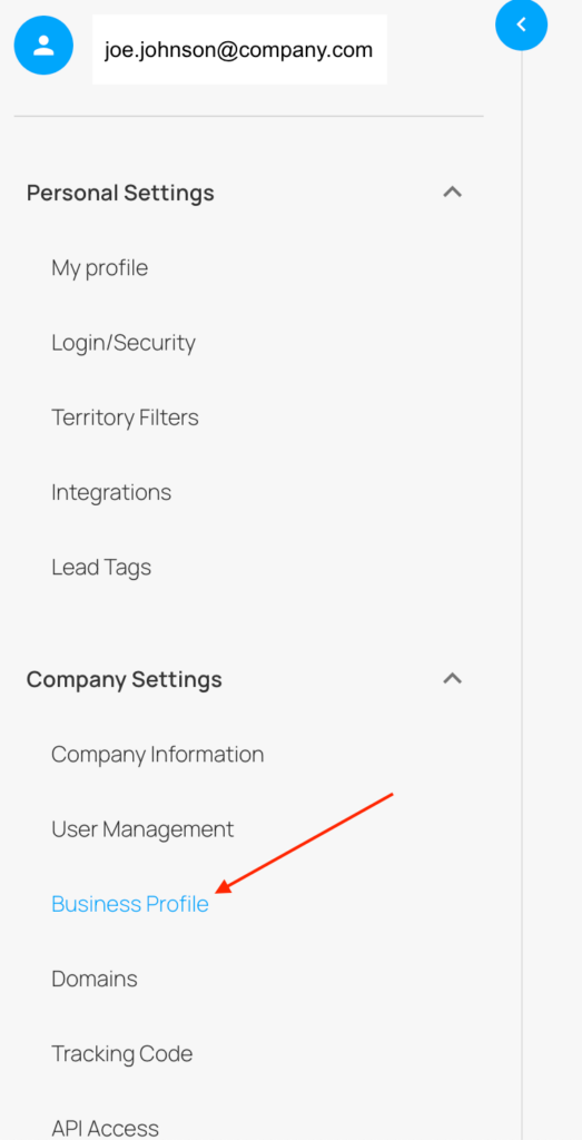 screenshot of the account settings panel in LeadLander