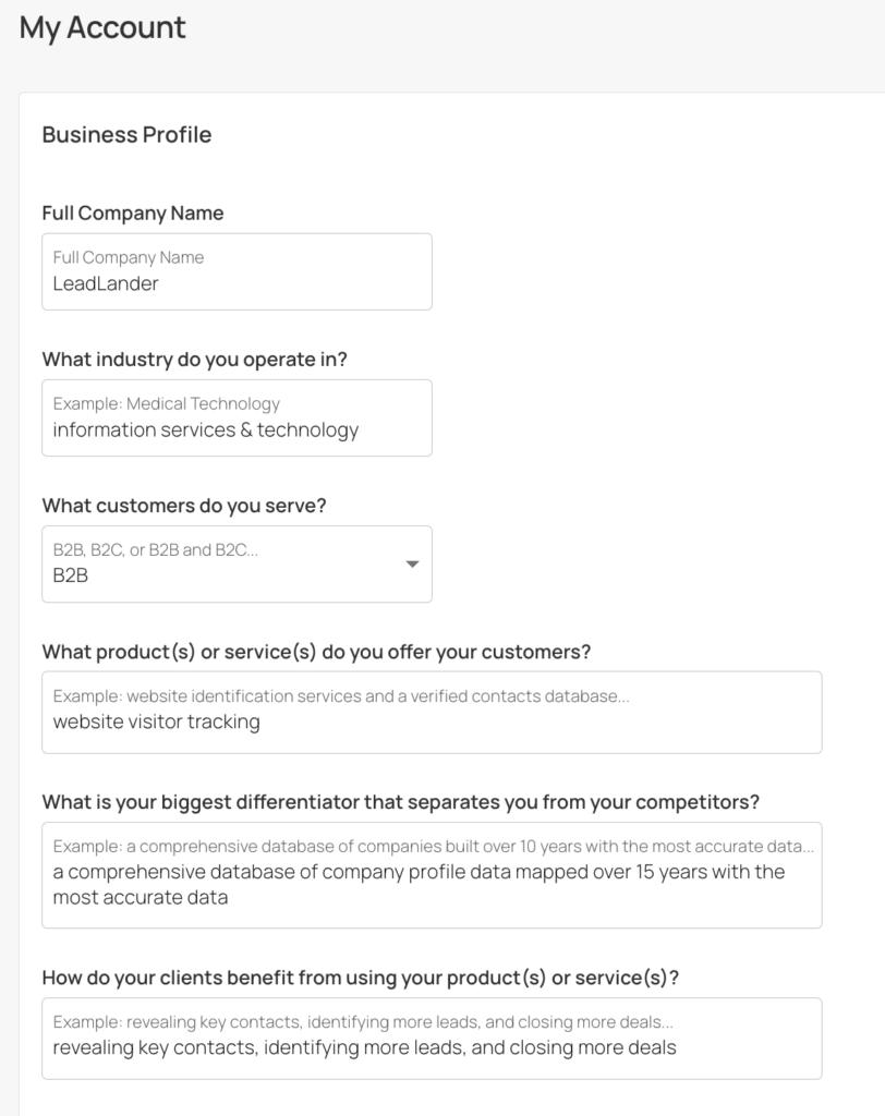 screenshot of the details admins can fill out in the LeadLander business profile
