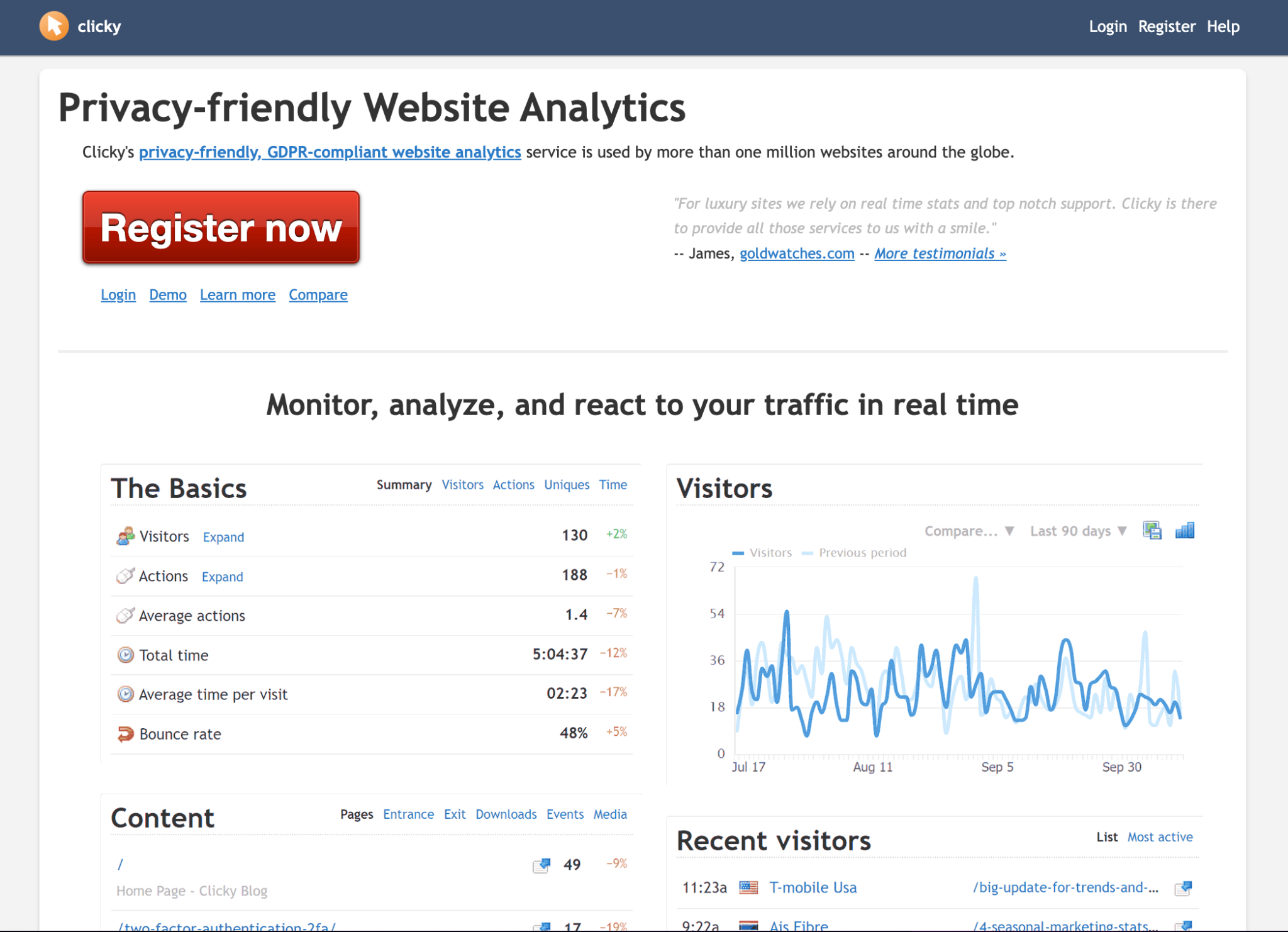 screenshot of Clicky homepage as a web analytics tool