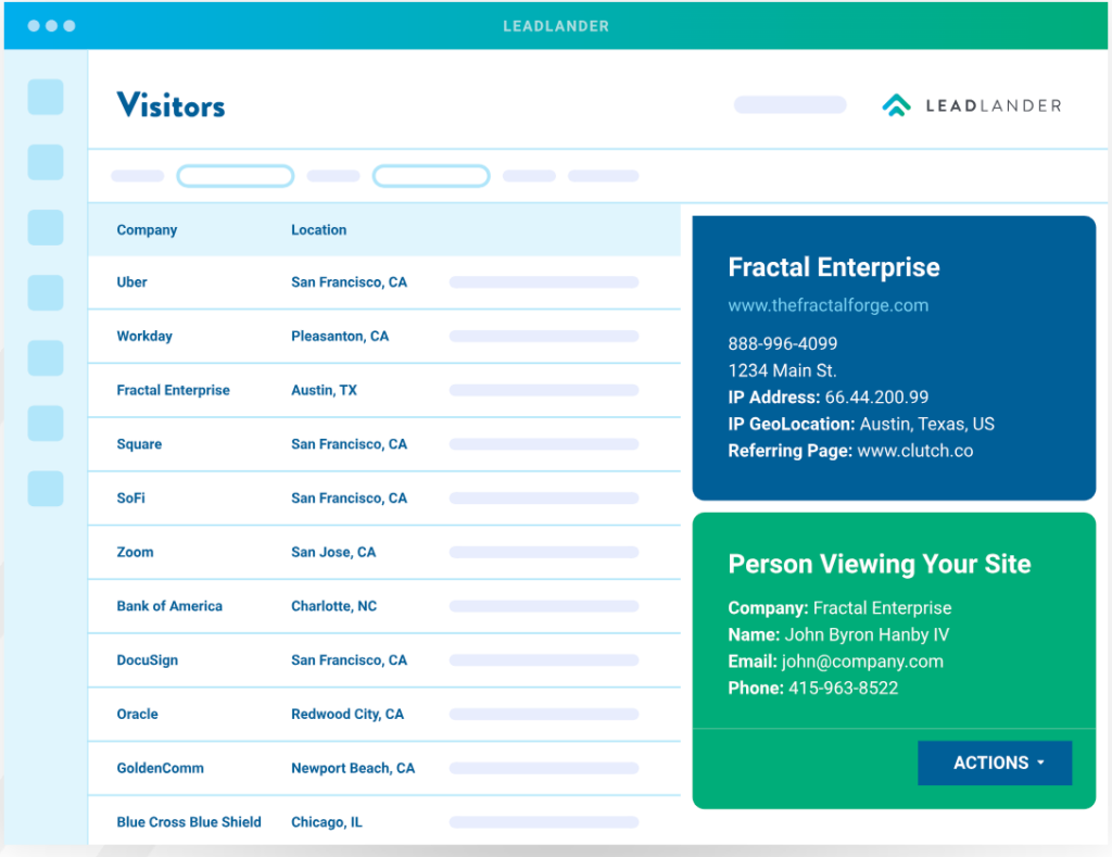 stylized screenshot of the LeadLander platform showing visitor data