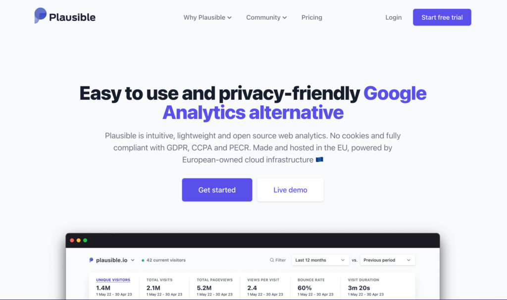 Screenshot of Plausible Analytics homepage as an alternative to GA4