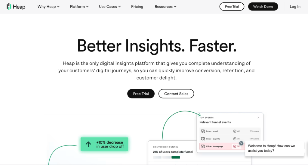 Screenshot of Heap homepage as a business web analytics tool