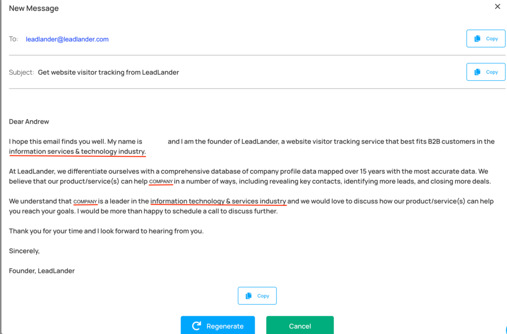 screenshot of generated sales email message from LeadLander AI