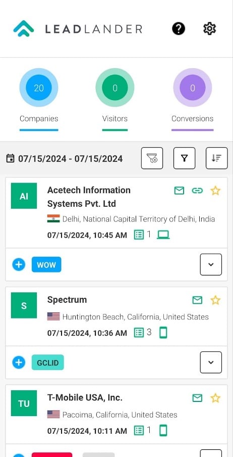 Screenshot of LeadLander website visitor tracking mobile app