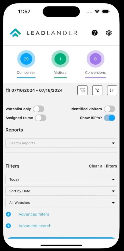 Screenshot of LeadLander app reporting capabilities