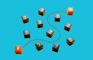 graphic of a winding path with dice showing question marks, symbolizing the b2b buyer's journey