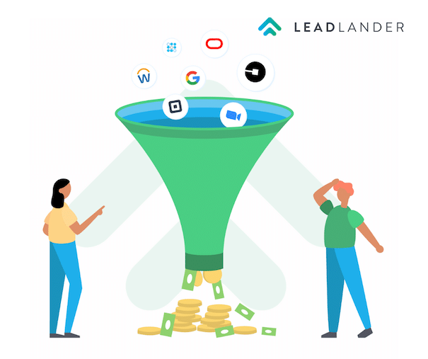 Graphic showing two sales people standing looking at a big sales funnel with logos for different sales tools representing the B2B sales cycle