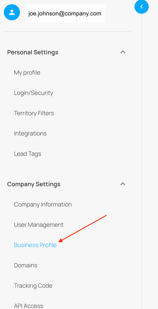 screenshot of the account settings panel in LeadLander