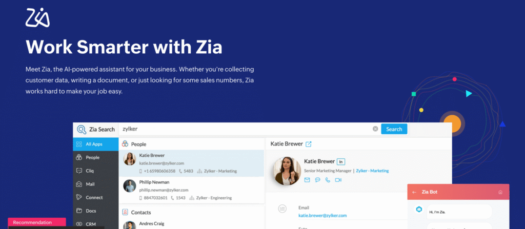 screenshot of Zoho Zia AI